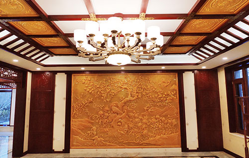 象山中式别墅客厅中式木作横梁吊顶装饰展示